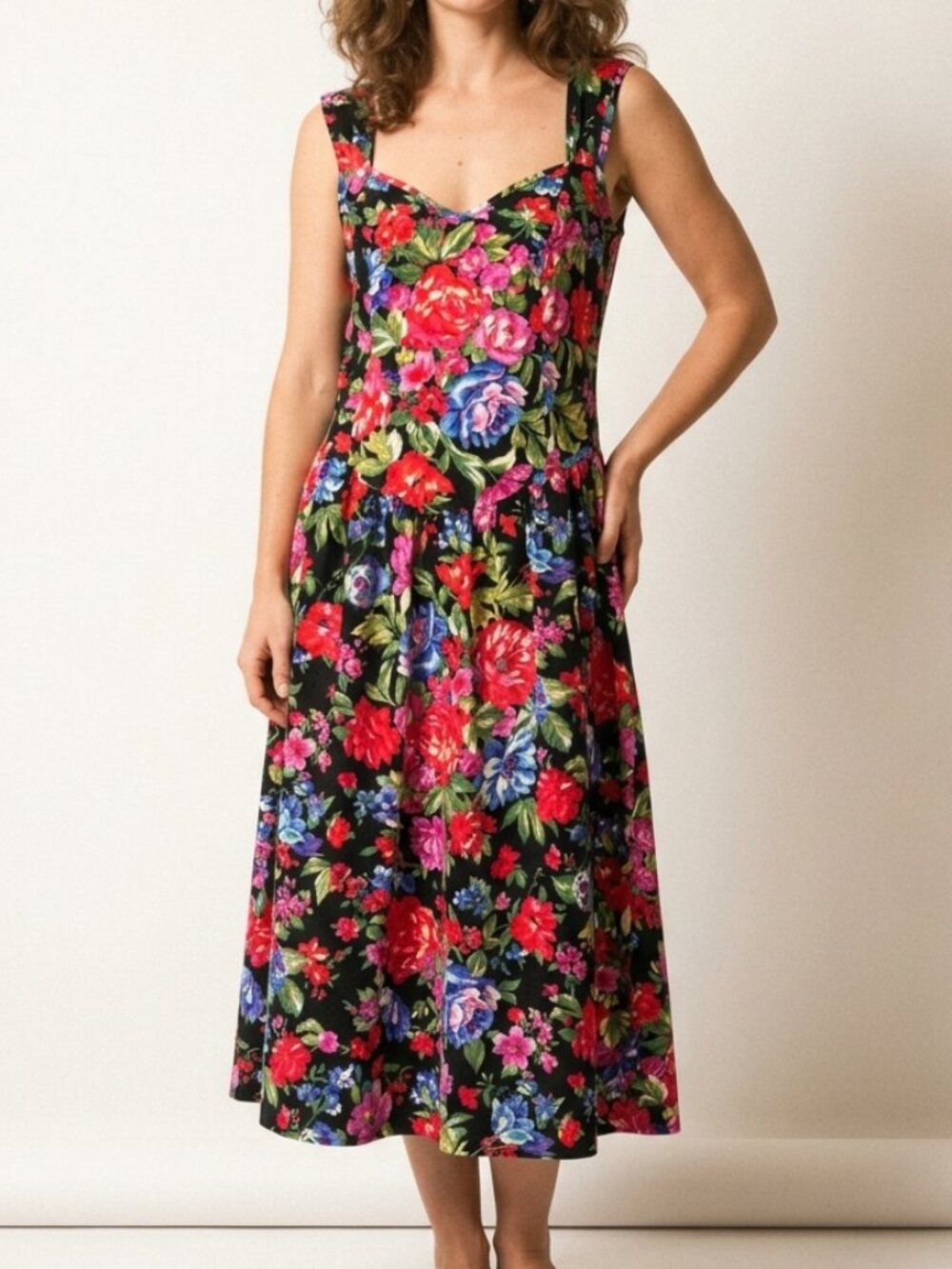 Lady Cameo Vintage Bright Floral Sweetheart Neckline Midi Dress Women's Size L